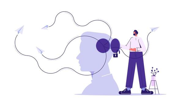 Support to free your mind for creative ideas, business support to launch new startup idea, entrepreneurship to start new business, businessman open his head window to launch paper plane vector