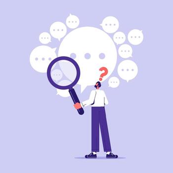 Man with huge magnifier in hands finding answer, problem solving, search creative idea vector