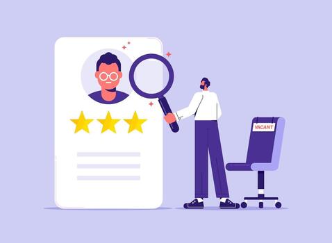 Searching employee. Head hunting, digital interview resume checklist on clipboard, man use magnifier glass searching best employee from CV card. Worker HR search concept vector