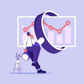 Concept of stock investment prospect analysis, business development analysis, Man with magnifying glass look at graphs and charts. Work with statistics and marketing research, analytical department vector