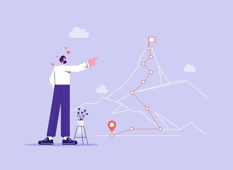 Path of success concept, Businessman pointing and look up to the goal, mountain climbing progress route to peak in flat simple style vector
