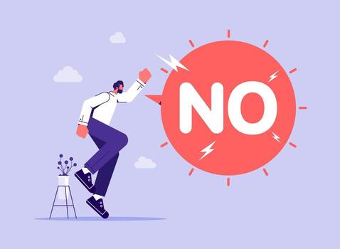Businessman is shouting with speech bubble with text NO, learn to say no, refuse to do wrong thing or time management concept vector