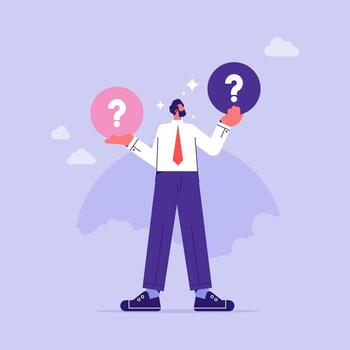 Make choice, decision concept, businessman makes a choice, thinks, analyzing two options, doubting, deciding, setting priorities vector