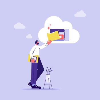 Concept of internet hosting, online service for file management and digital information storage, businessman putting folder on cloud vector