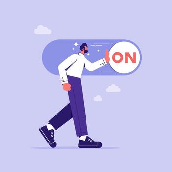 Turn on switch, start or begin business, setting or preference concept, businessman push setting button switch to on position vector