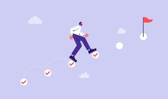 Project tracking, goal tracker, task completion or checklist to remind project progress concept, businessman running on completed checkbox to reach goal vector