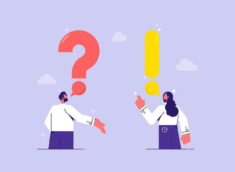 Ask questions and receive answers concept, man and woman with question mark and exclamation mark, answer for question vector