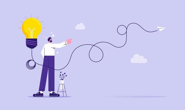 Businessman with paper plane flying up connected with light bulb, startup business idea concept, discovery, imagination and solution vector