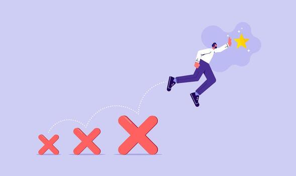 Failed to success, using failure to be lesson learn to achieve business success concept, businessman jumping on many time of failures to reach success star vector