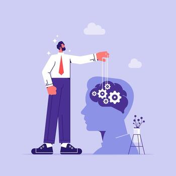 Manipulator concept, puppet master manipulate man mind, domination exploitation, mental control ropes vector