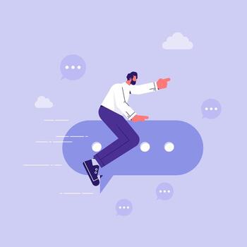 Businessman ride speech bubble pointing to target, effective communication, business leader communicate idea, sending message, announcement or dialog for success, meeting talk vector