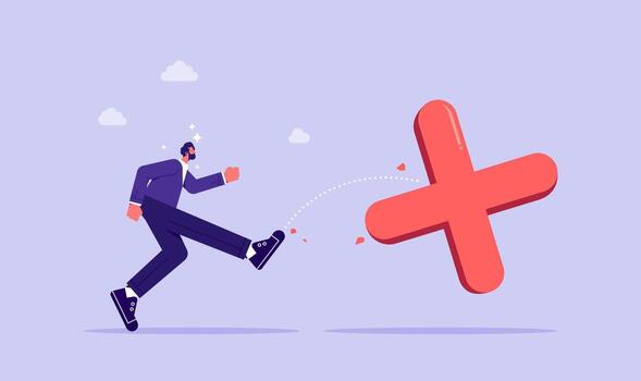 Stop obsessing over mistakes, beginner learning from mistake, overcoming failures, no fear of making mistakes, businessman kick cross sign go away vector
