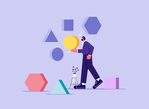 concepto de lógico tarea, lógica rompecabezas, analítico razonamiento y pensamiento, inteligente problema resolviendo, persona jugando con juguete edificio bloques vector