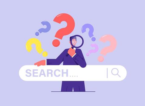 Concept of business metaphor for search or research, development, businessman looking through magnifying glass with question marks sign and search bar vector