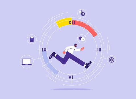 Man running fast in circles, busy worker makes schedule, businessman manages urgent tasks, events in graphic, clock reminds about deadline vector