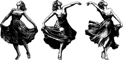 Three black and white drawings of a woman in a dress vector