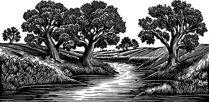 Branching river delta scene with trees and channels in black and white vector