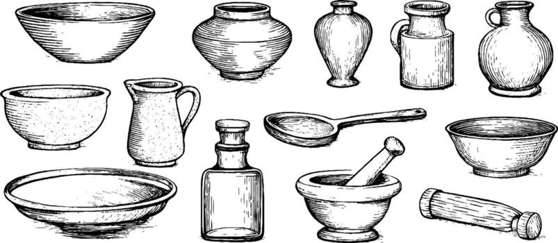 Sketch of various objects, including a bowl, a jug, and a spoon vector