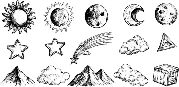 A drawing of various objects and clouds vector
