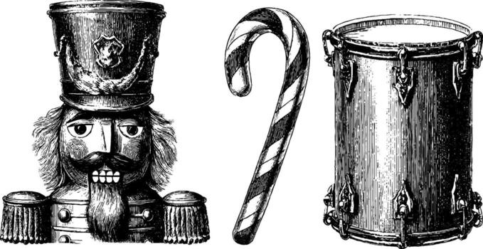 A drawing of a nutcracker and a candy cane vector