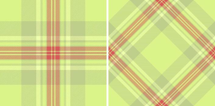 Two abstract tartan patterns in shades of fresh green with coral lines. A classic fabric design suitable for backgrounds, textiles, or festive seasonal projects. vector