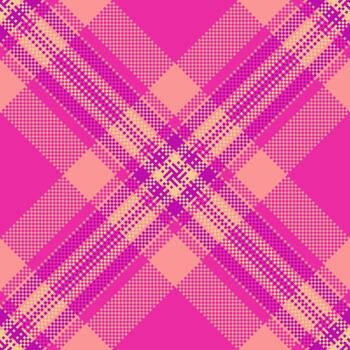 Vibrant pixelated plaid pattern in bold pink and peach hues. Modern digital tartan design perfect for backgrounds, textiles, and abstract graphic projects. vector