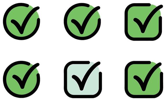 conjunto de seis verde marca de verificación íconos para tarea terminación y aprobación vector