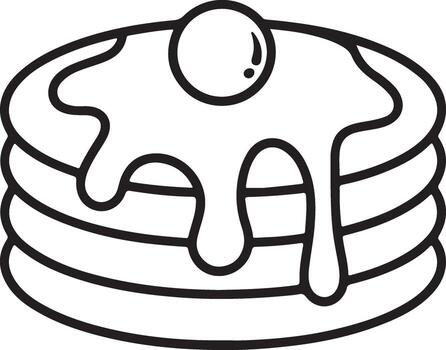 Simple outline drawing of a stack of pancakes with syrup and a berry on top vector