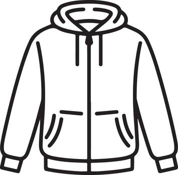 Simple line drawing of a zip up hoodie with pockets and drawstring hood vector
