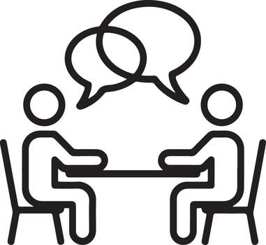 Two people sitting at a table with speech bubbles above indicating conversation and communication vector