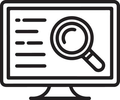 Computer screen displaying search results with a magnifying glass icon for data analysis vector