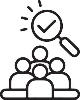 Magnifying glass with checkmark over group of people symbolizing successful search or analysis vector