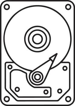 Simple line art illustration of an open hard disk drive showing internal components vector