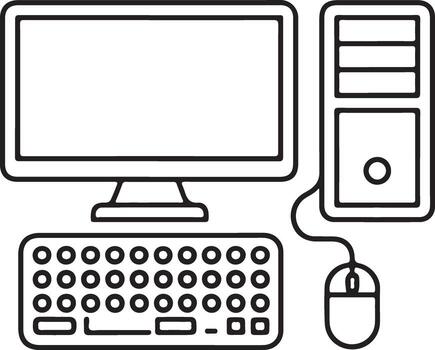 Simple line art illustration of a desktop computer with monitor keyboard and mouse vector