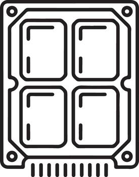 Stylized outline icon of a computer processor chip with four cores and pins vector