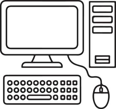 Simple line drawing of a desktop computer with monitor keyboard and mouse vector