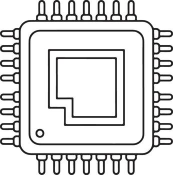 Close up black and white line drawing of a computer microchip with many pins and internal circuitry vector