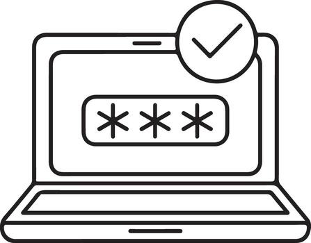 Laptop screen displays asterisks in password field with a checkmark indicating successful login vector