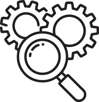 Magnifying glass examining interconnected gears representing analysis and mechanical processes vector