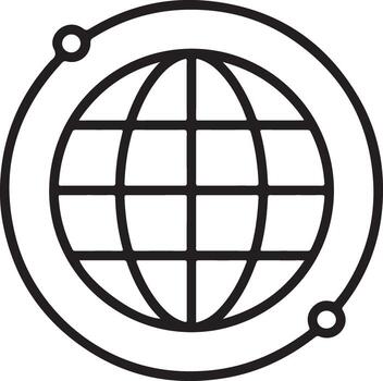 Abstract line art icon of a globe surrounded by a circular orbiting path vector