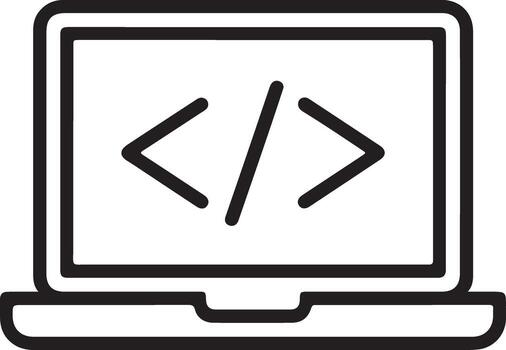 Simple line art icon of a laptop computer displaying coding symbols on its screen vector