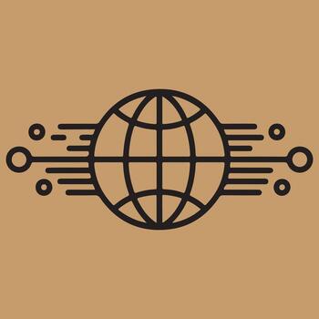 Abstract globe icon with digital data streams connecting to network nodes on a warm background vector