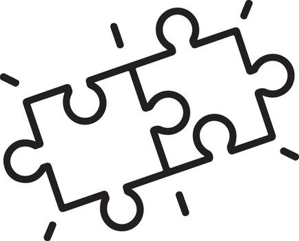 Two interconnected puzzle pieces fitting together with radiating lines symbolizing connection and completion vector