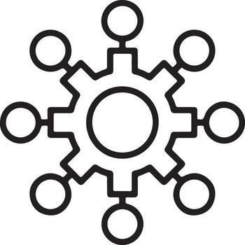 Abstract representation of a central gear connected to multiple smaller circles symbolizing network or system integration vector