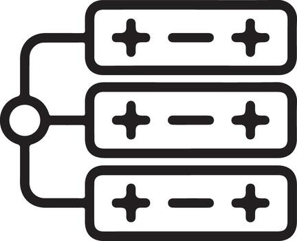 Simple line art icon representing three batteries connected in parallel with positive and negative terminals vector