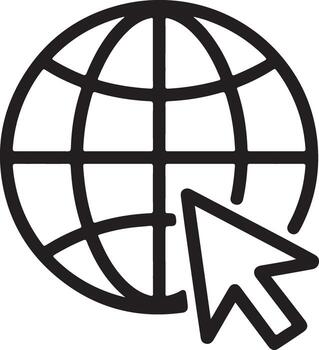Simple black and white line art icon representing a globe with a cursor pointing to it vector