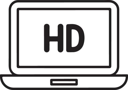 Simple outline illustration of a laptop computer displaying the letters hd on its screen vector