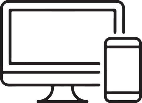 Simple outline illustration of a computer monitor connected to a smartphone for digital technology concept vector