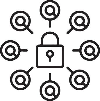 Digital security concept of a locked padlock connected to multiple search icons representing online protection vector