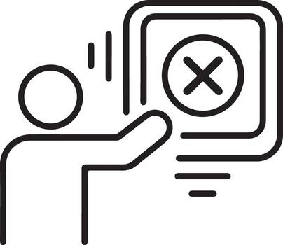 Person interacting with a screen displaying an error or incorrect symbol with a line drawing style vector